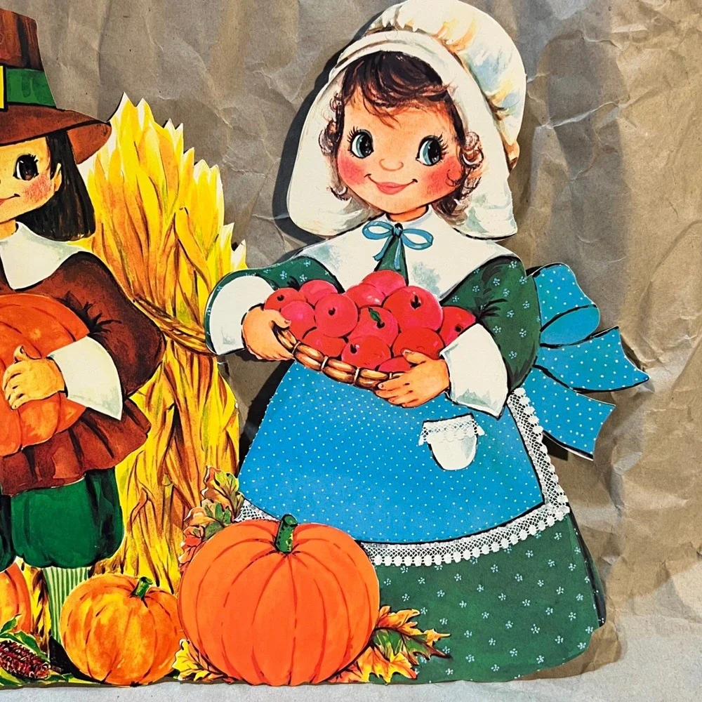 Vintage Thanksgiving Paper Cutouts 3pc Set Pilgrim Boy Girl Turkey Multi-Color